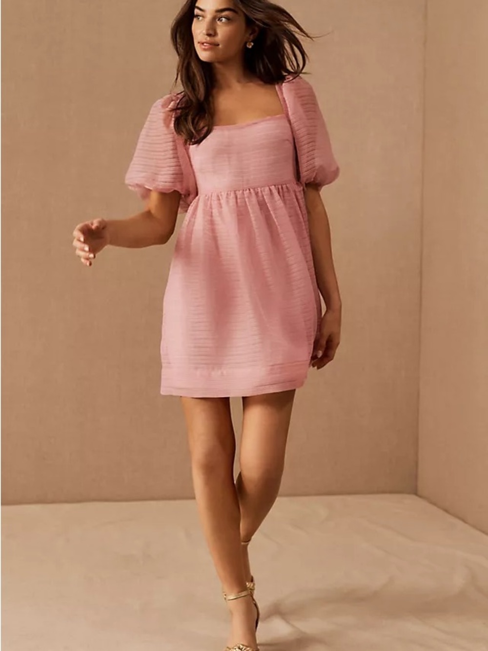 Bhldn x Free people Pink Square-Neck Puff Sleeve Mini Dress